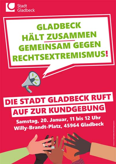 Die Stadt Gladbeck ruft auf zur Kundgebung gegen Rassismus: Sa, 20. Jan., 11 bis 12 Uhr, Willy-Brandt-Platz